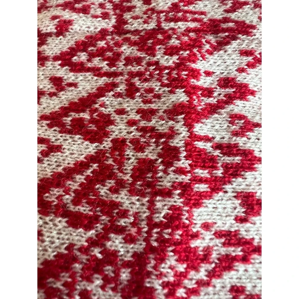 Noelle Knit Scarf OS Red Cream Striped Nordic Alpine Pointelle Faux Fur Pom Poms